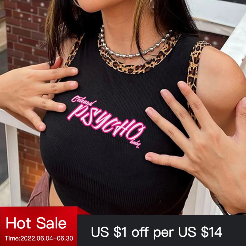 Letter Printed Short Tees Women Casual Leopard O Neck Sleeveless Tank Top Basic Blouse Summer Fashion Clothes Streetwear 2022
Letter Printed Short Tees Women Casual Leopard O Neck Sleeveless Tank Top Basic Blouse Summer Fashion Clothes Streetwear 2022