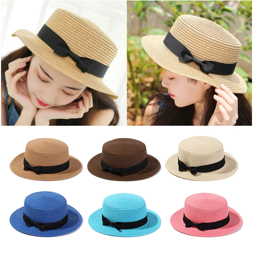 

Bowknot Beach Hat Casual Flat Brim Straw Cap Breathable Sun Hat Panama Visors For Women Girls