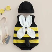 2023 Newborn Baby Boy Girl Bee Romper Cute Bumblebee Jumpsuit with Hat 2Pcs Halloween Outfits Clothes Yellow 12-18 Months