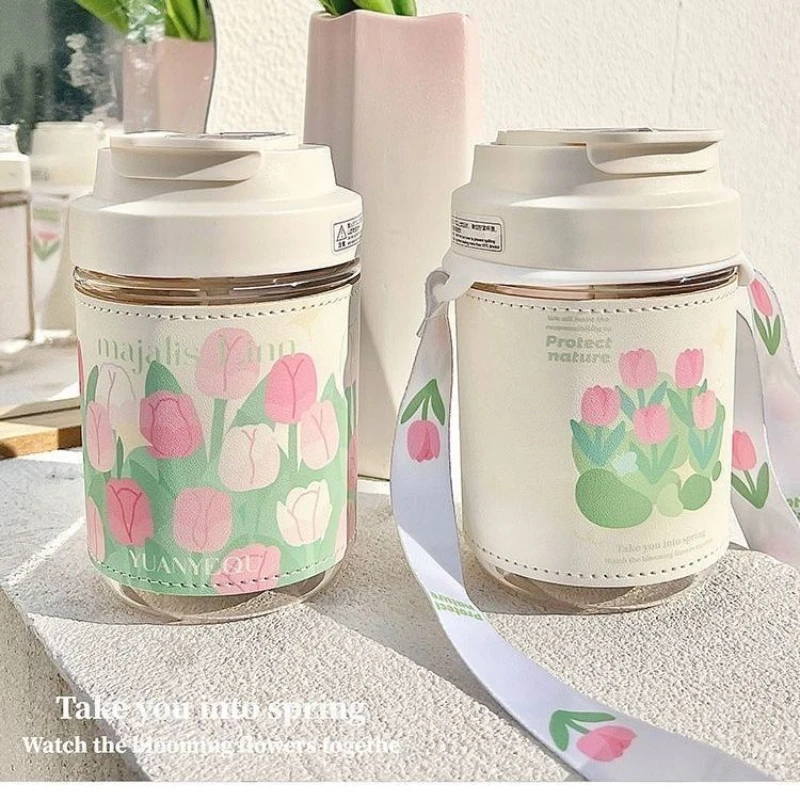 New Korean Water Bottle With Tulip Cup Set Heat-resistant Glass Cup Female Student Coffee Cup Portable With Straw Milk-Tea Cup 
New Korean Water Bottle With Tulip Cup Set Heat-resistant Glass Cup Female Student Coffee Cup Portable With Straw Milk-Tea Cup