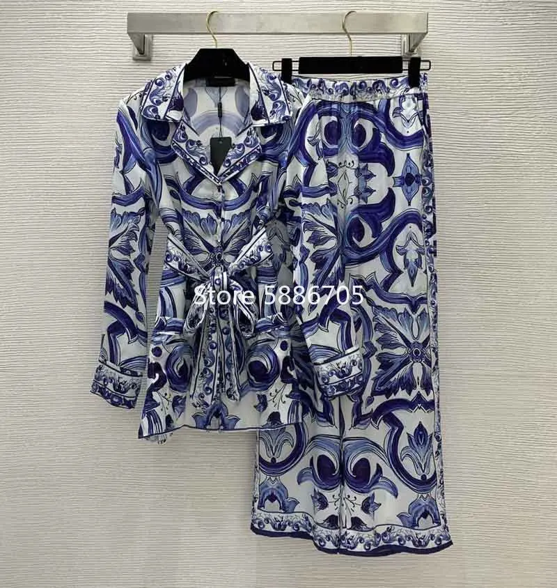 Runway women white and blue porcelain pajama homewear set belt long shirts+ elastic waist wide leg loose pants 2 pieces set B136
Runway women white and blue porcelain pajama homewear set belt long shirts+ elastic waist wide leg loose pants 2 pieces set B136