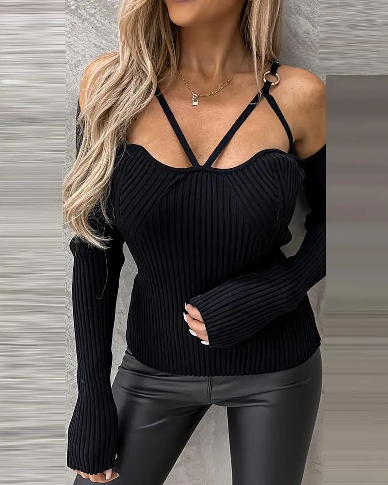 Женский трикотажный топ с открытыми плечами и длинным рукавом
Женский трикотажный топ с открытыми плечами и длинным рукавом