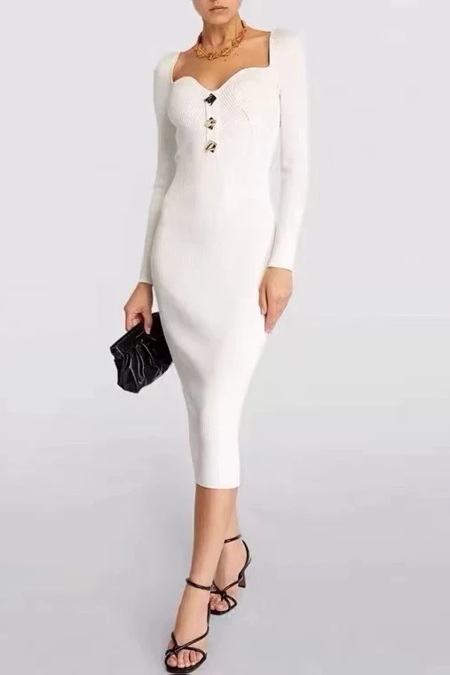 

Женское трикотажное платье с квадратным вырезом, Белое Облегающее платье миди с длинным рукавом и открытой спиной, осень 2023