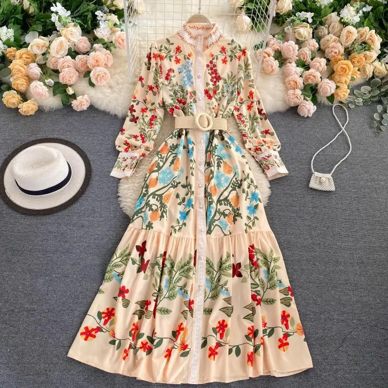 Maxi Dresses for Women Retro Palace Style Dress Waist Strap Round Neck Long Sleeves Ruffled A-line Dress Vestidos De Mujer
Maxi Dresses for Women Retro Palace Style Dress Waist Strap Round Neck Long Sleeves Ruffled A-line Dress Vestidos De Mujer