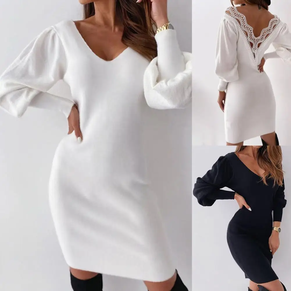Lantern Long Sleeve Waist Tight Bodycon Dress Solid Color Double V-Neck Lace Stitching Backless Women Dress Streetwear
Lantern Long Sleeve Waist Tight Bodycon Dress Solid Color Double V-Neck Lace Stitching Backless Women Dress Streetwear