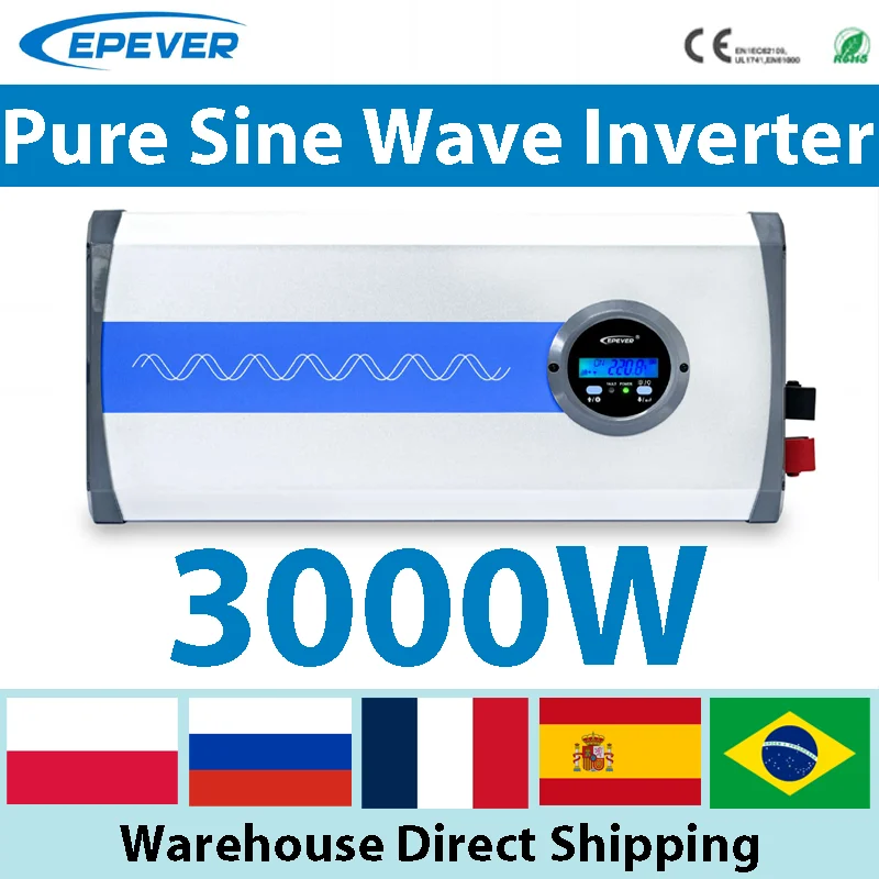 

EPEVER 3000W Pure Sine Wave 12V/24V/48VDC Input 100-120V/220-240V AC Output Off Grid Solar Inverter Inversor LCD Display