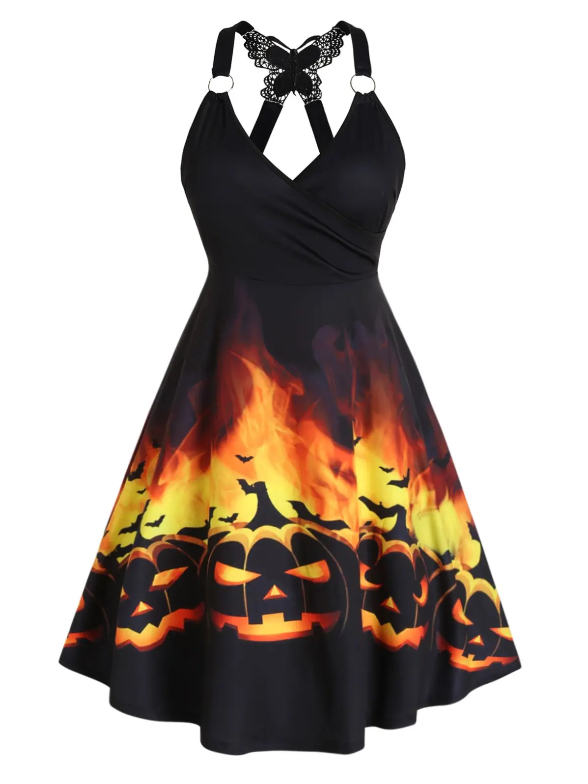 

Plus Size Pumpkin Bat Cat Print Mini Dress Plunge Butterfly Lace O-Ring Straps A Line Dress Halloween Autumn Sleeveless Dress