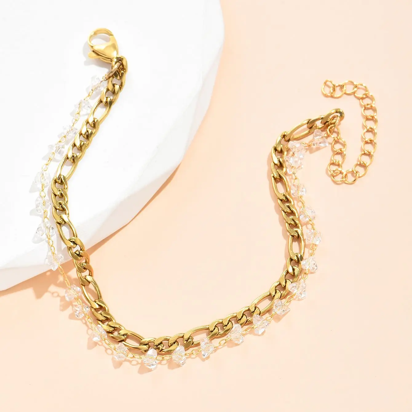 New White Diamond Handmade Gold Chain Fashion NK Gold Chain Double Layer Bracelet Set (16+5cm)
New White Diamond Handmade Gold Chain Fashion NK Gold Chain Double Layer Bracelet Set (16+5cm)