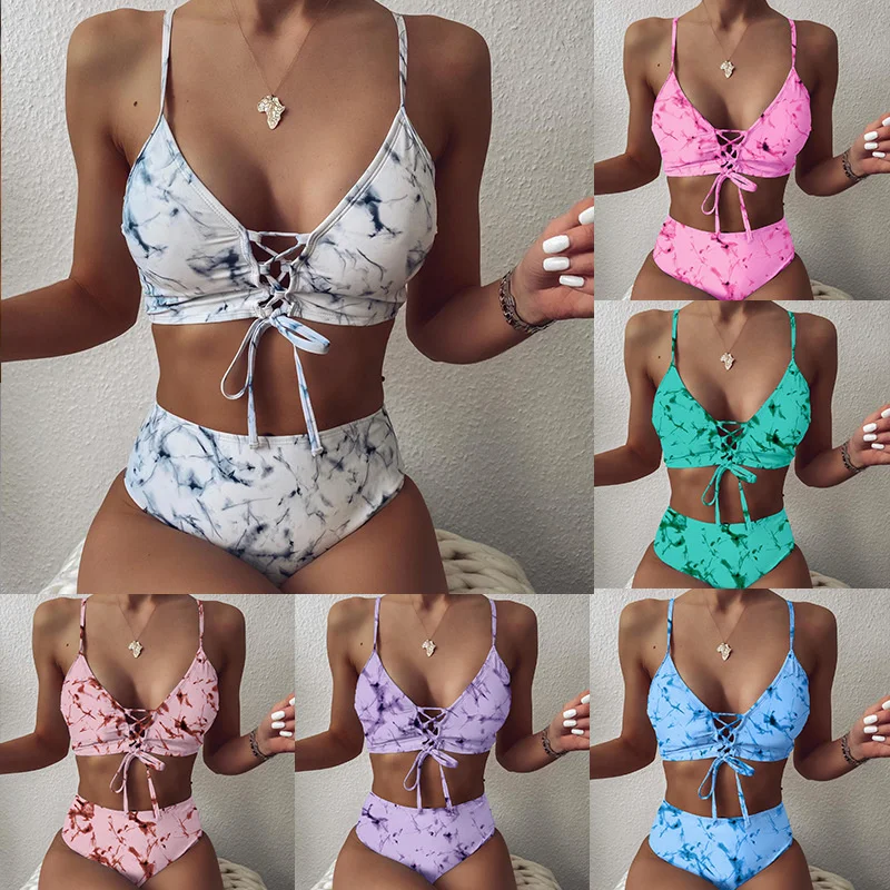 2022 new sexy ink print chest strap bikini lace up split swimsuit 
2022 new sexy ink print chest strap bikini lace up split swimsuit
