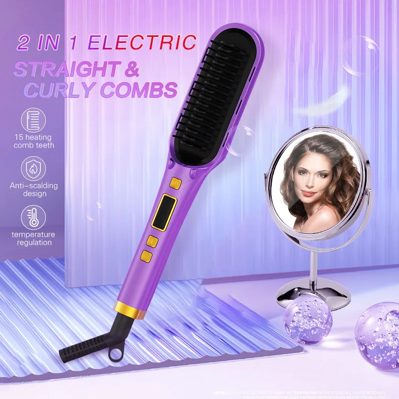 

2 In 1 Hair Curler and Straightener Professional Curling Iron Straightening Comb Negative Ions Hot Heating Comb Curling Brush