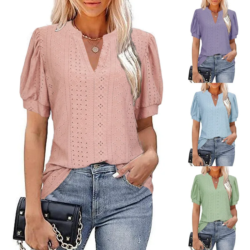 Top Womens 2023 Summer Fashion Casual V-neck Solid Hollow Bubble Sleeve Loose Women's T-shirt Basic Vacation Pullover OTTD Tee
Top Womens 2023 Summer Fashion Casual V-neck Solid Hollow Bubble Sleeve Loose Women's T-shirt Basic Vacation Pullover OTTD Tee