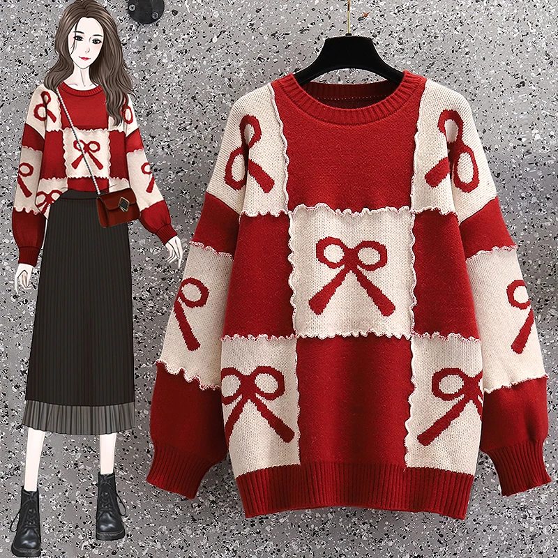 Oversize Loose Christmas Red Women O Neck Pullover Jumper New Autumn Winter Bow Print Thick Warm Knitted Contrast Color Sweaters
Oversize Loose Christmas Red Women O Neck Pullover Jumper New Autumn Winter Bow Print Thick Warm Knitted Contrast Color Sweaters