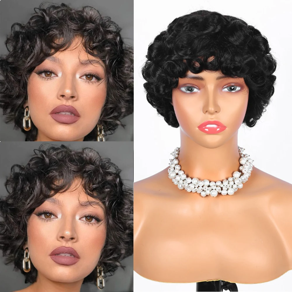 

Bouncy Curly Fringe Wig Pixie Cut Wig Short Curly Human Hair Wigs For Women Cheap Full Machine Wigs Egg Curls Bob Wig With Bangs