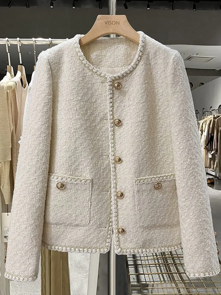 

Runway Fall Winter Luxury Tweed Jacket For Women Woolen Off White Coat Fashion Streetwear Elegant Outwear Casacos Femme