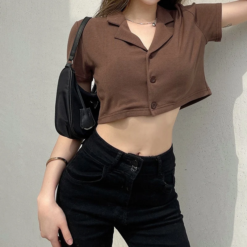 Women's Short Cropped Cardigan Lapel Short Sleeve Top Women's Short Shirt Brown
Women's Short Cropped Cardigan Lapel Short Sleeve Top Women's Short Shirt Brown