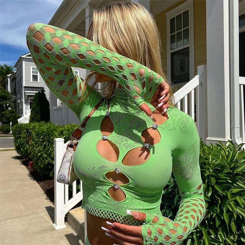 European and American Style 2023 Summer Women's New Sexy Street Shot Mesh Perspective Hollow Round Neck Long Sleeve Tight Top
European and American Style 2023 Summer Women's New Sexy Street Shot Mesh Perspective Hollow Round Neck Long Sleeve Tight Top