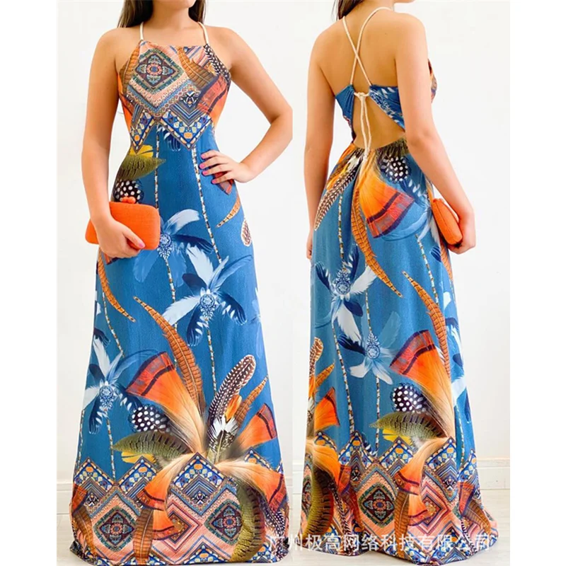 

Women Sexy Fashion Tropical Print Bohemian Dress Women Casual Fashion Sleeveless Strap High Waist Corset Halter Vacation Dress