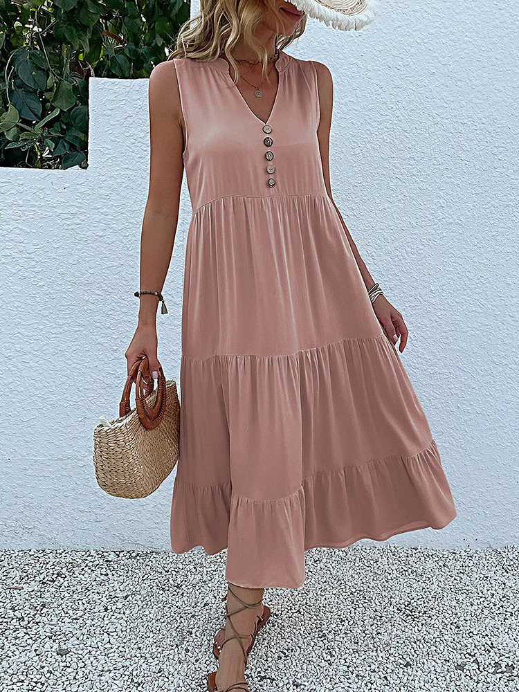 

JIM & NORA Casual Summer Midi Dress Women Sleeveless Tank V Neck Buttons Ruffle Loose Dresses Beach Soild Sundress Fashion
