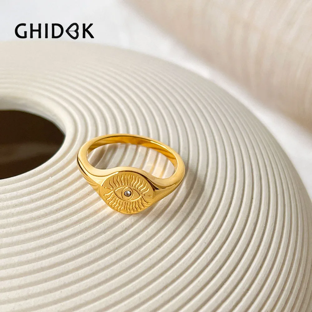 

GHIDBK Stainless Steel 18K Gold Plated Engraving Evil Eye Cz Signet Ring for Women Turkish Boho Jewelry Joyas Christmas Gifts