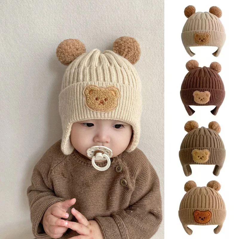 

Зимняя вязаная шапка для маленьких мальчиков и девочек, Детская шерстяная шапка с мультяшным медведем и двумя помпонами, теплая Повседневная шапка для новорожденных 46-52 см