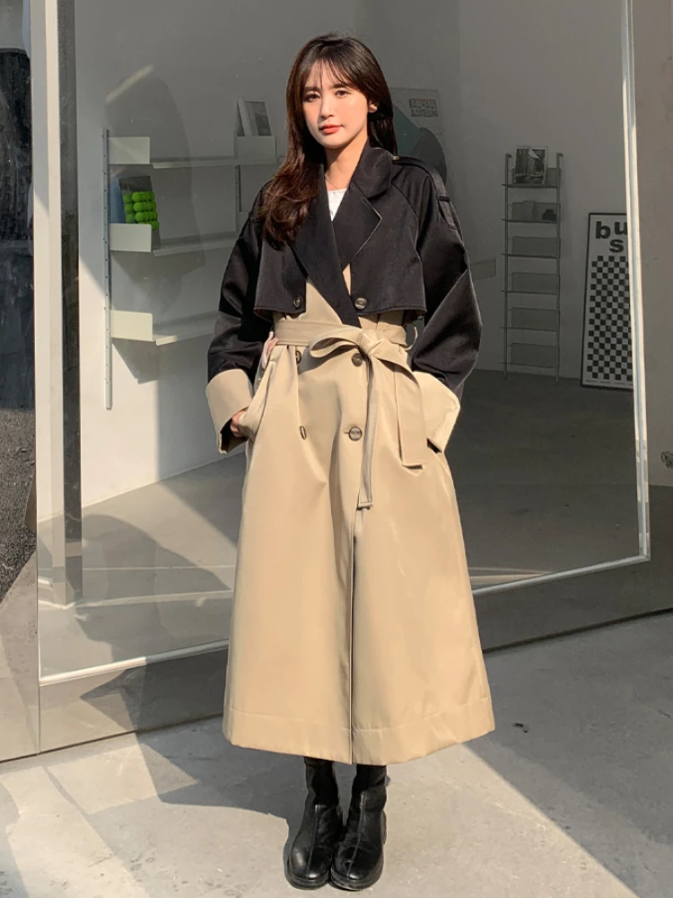 

British Style Black Splice Khaki Trench Coat Women Elegant Retro Casual Loose Long Jacket Belt Windbreaker 2022 Spring Fall 0613