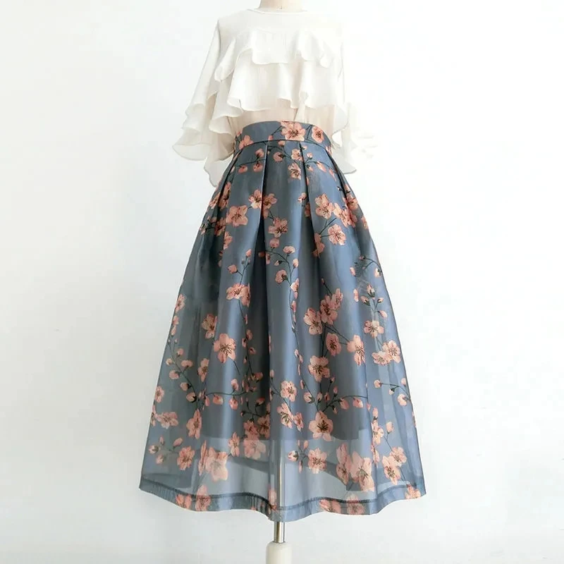 

Floral Organza Skirts Womens 2023 Spring Summer High-waisted Slimming Temperament Skirt Jacquard A-line Skirt Faldas Mujer Moda