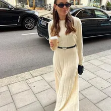 Female Fashion Chic Solid Ribbed Knitted Dress Elegant O Neck Long Sleeve Dresses 2023 Autumn Winter Ladies High Street Robes