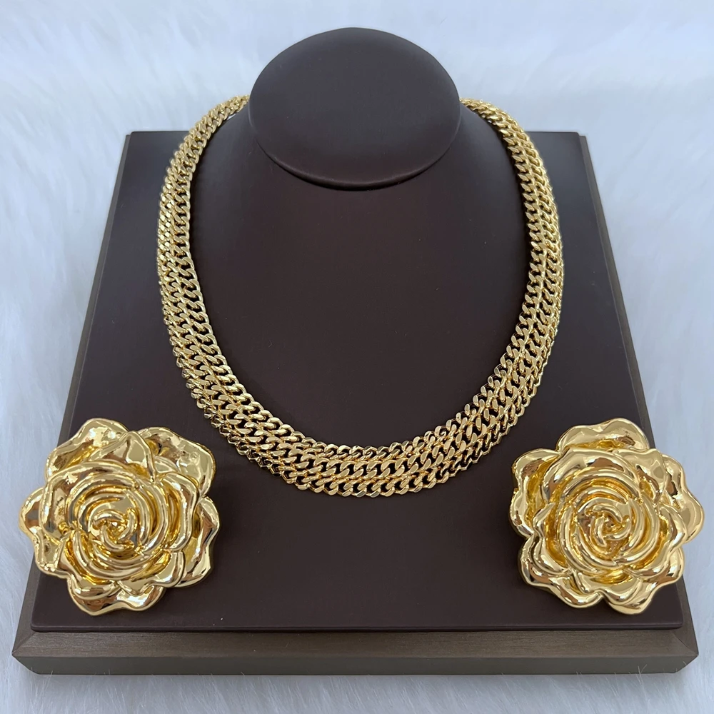 African Jewelry Set Romantic Big Rose Earrings and Necklace Gold Plated Jewelry Set Accessory for Dubai Luxury Weddings Gifts
African Jewelry Set Romantic Big Rose Earrings and Necklace Gold Plated Jewelry Set Accessory for Dubai Luxury Weddings Gifts