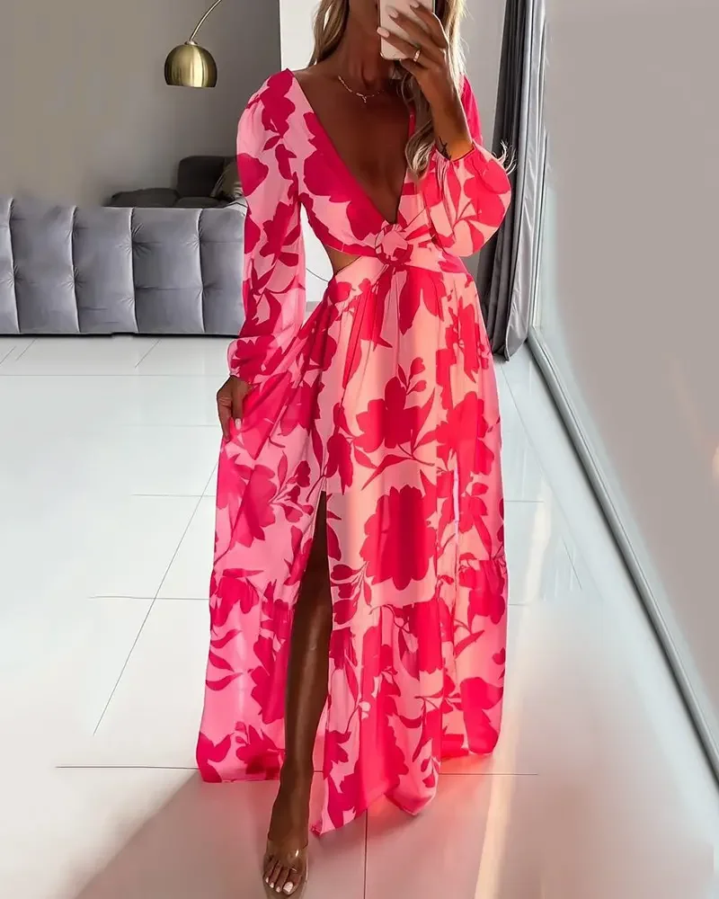

2022 Summer Women's Sexy Casual Plunge Lantern Sleeve High Slit Cutout Floral Print Maxi Dress Plunge V Neckline Tied Detail