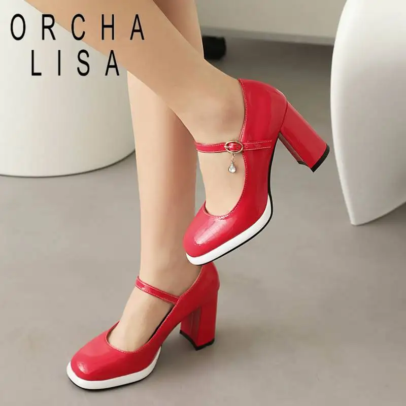 

ORCHA LISA Women Pumps Round Toe Block Heel 9cm Platform 3cm Buckle Strap Mixed Large Size 43 44 45 Sweet Dating Shoes Female