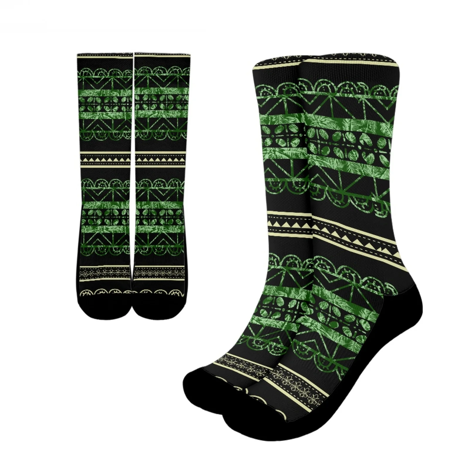 

Polynesian Tribal Pohnpei Totem Tattoo Prints Men Women Breathable Sport Quick-Drying Long Tube Socks Green Stripe Crew Socks