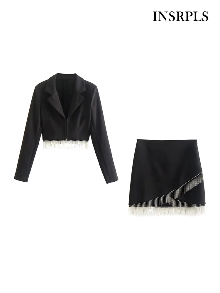 INSRPLS Women Fashion Fringes With Rhinestone Crop Jacket Coat And High Waist Side Zipper Mini Skirt Female 2pc Sets Mujer 
INSRPLS Women Fashion Fringes With Rhinestone Crop Jacket Coat And High Waist Side Zipper Mini Skirt Female 2pc Sets Mujer