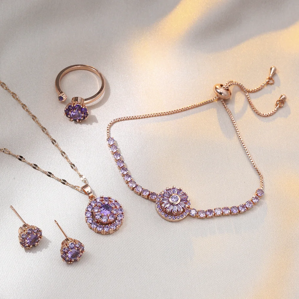 Stainless Steel Fashion 4Pcs Purple Zircon Rotating Necklace Earrings Ring Bracelet Jewelry Set
Stainless Steel Fashion 4Pcs Purple Zircon Rotating Necklace Earrings Ring Bracelet Jewelry Set