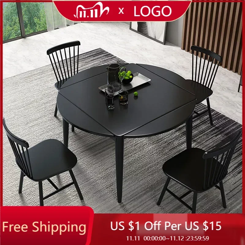 

Black Extendable Round Dining Table Modern Solid Wood Expand Waterproof Dining Table And Chairs Set Nordic Esstische Furniture