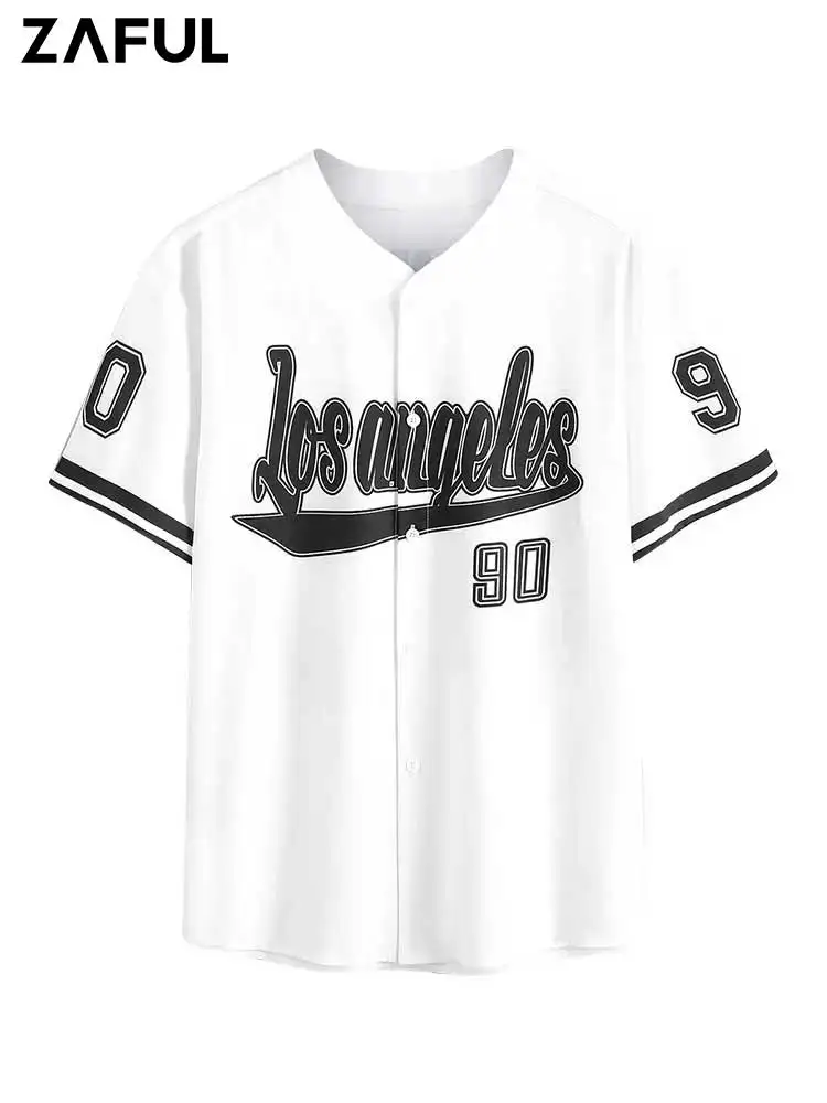 

ZAFUL Baseball Shirts for Men Los Angeles Letter Print Short Sleeves Collarless Shirt Summer Streetwear Basic Tops Z4996760
