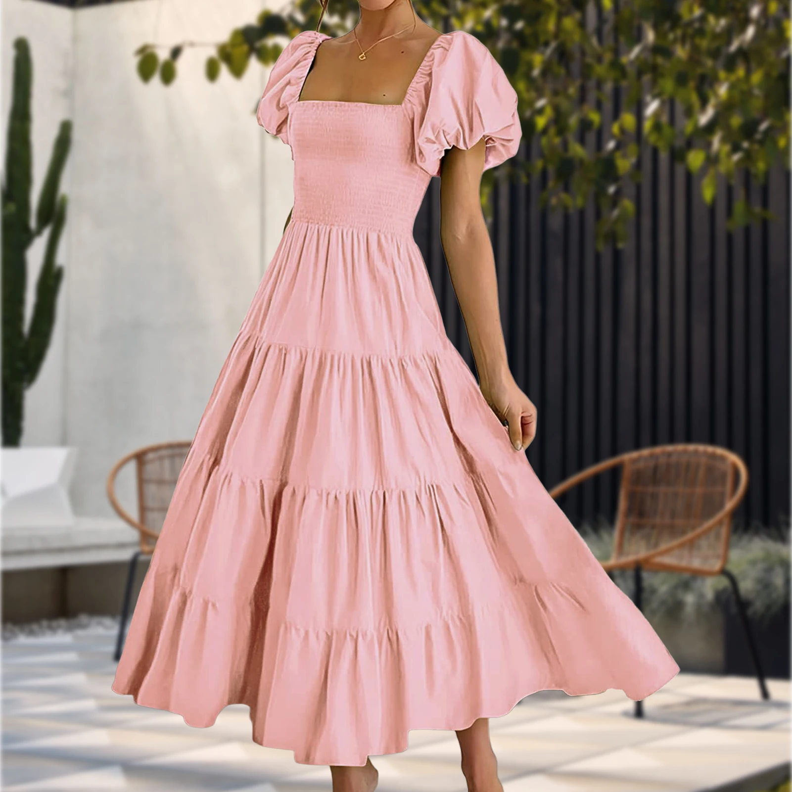 Women Casual Dress Short Sleeve Square Neck Maxi Dress Puffy Long Bodycon Dress Smocked Tiered Solid Color for Holiday Shopping
Women Casual Dress Short Sleeve Square Neck Maxi Dress Puffy Long Bodycon Dress Smocked Tiered Solid Color for Holiday Shopping