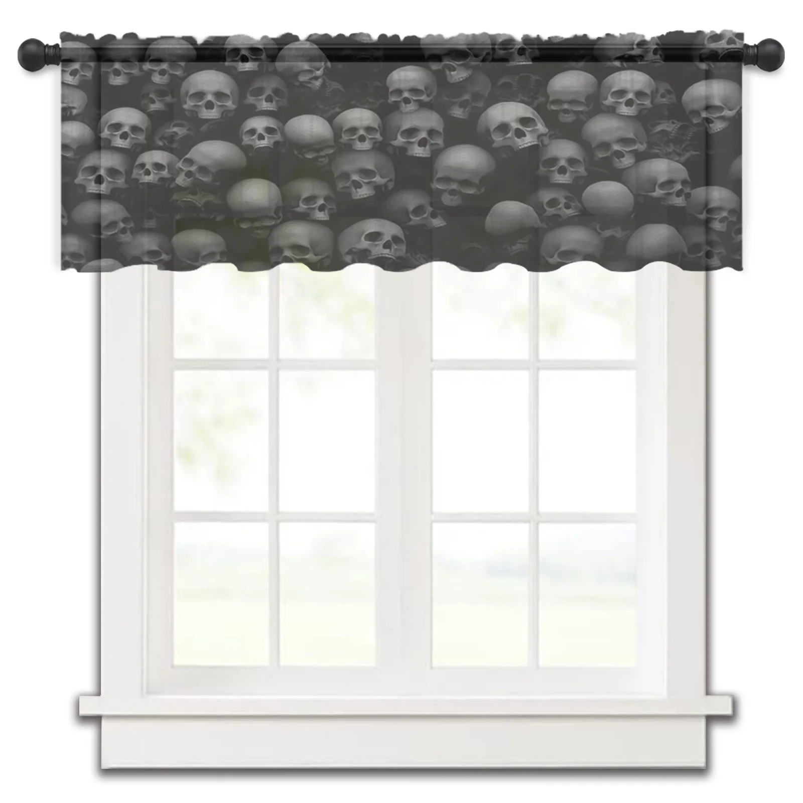 

Skull Black Dense Tulle Kitchen Small Window Curtain Valance Sheer Short Curtain Bedroom Living Room Home Decor Voile Drapes