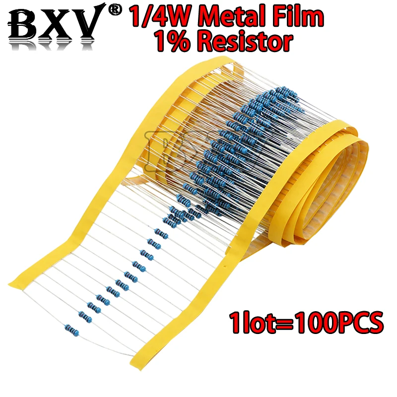 100PCS/LOT 1/4W 1R~22M 1% Metal Film Resistor 100R 220R 1K 1.5K 2.2K 4.7K 10K 22K 47K 100K 100 220 1K5 2K2 4K7 Ohm Resistance
100PCS/LOT 1/4W 1R~22M 1% Metal Film Resistor 100R 220R 1K 1.5K 2.2K 4.7K 10K 22K 47K 100K 100 220 1K5 2K2 4K7 Ohm Resistance
