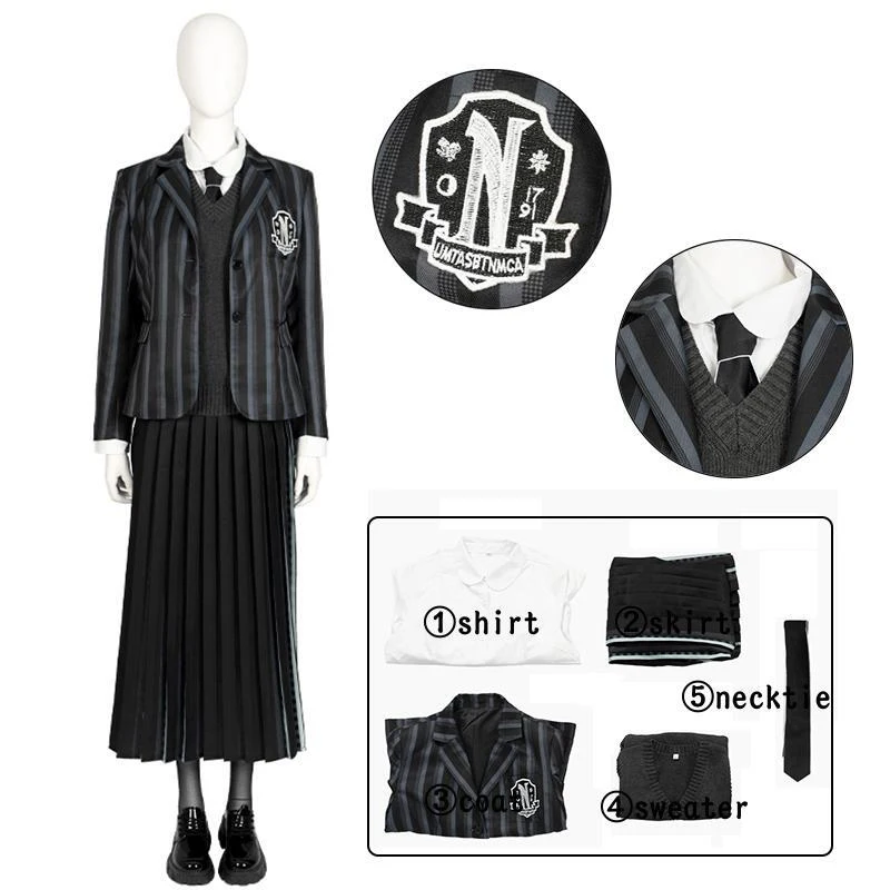 Movie Wednesday Cosplay Costumes School Uniform Nevermore College School Uniforms Wig Suit Halloween Party Women Clothes
Movie Wednesday Cosplay Costumes School Uniform Nevermore College School Uniforms Wig Suit Halloween Party Women Clothes