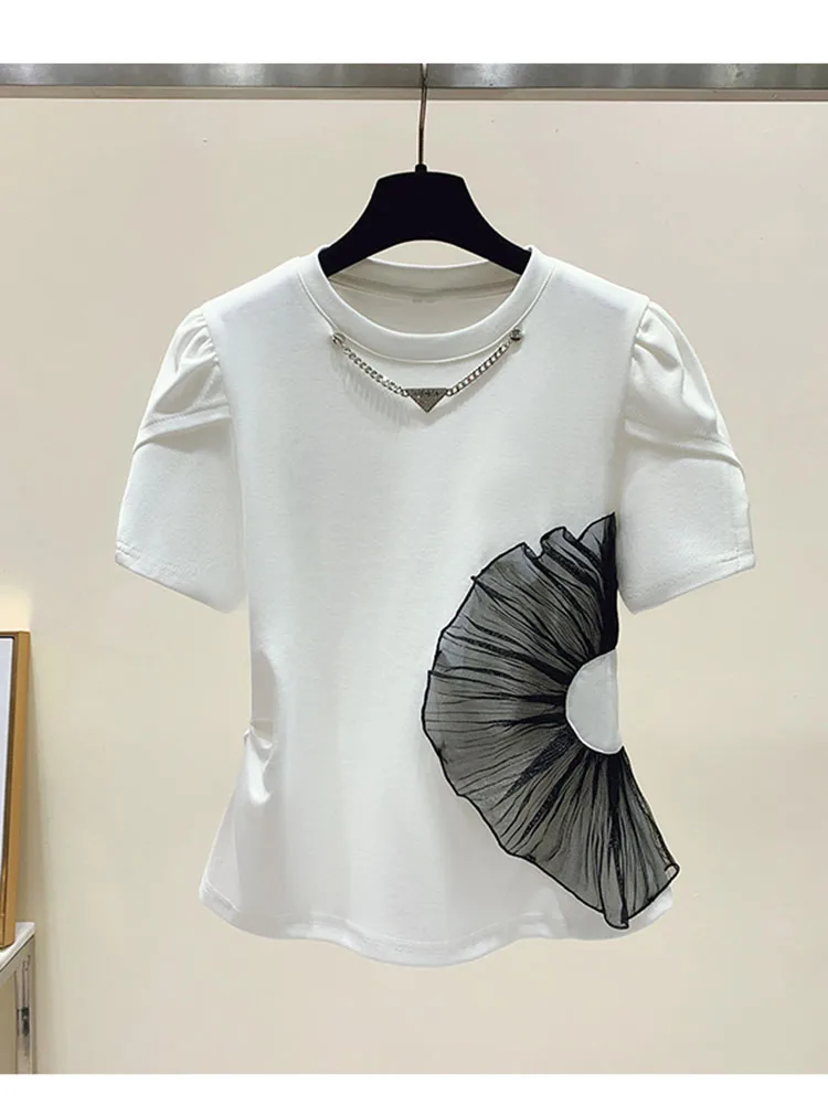 Женские летние футболки, новый Однотонный пуловер с вставками, облегающая футболка с коротким рукавом для уменьшения возраста и придания стройности D3907 
Женские летние футболки, новый Однотонный пуловер с вставками, облегающая футболка с коротким рукавом для уменьшения возраста и придания стройности D3907