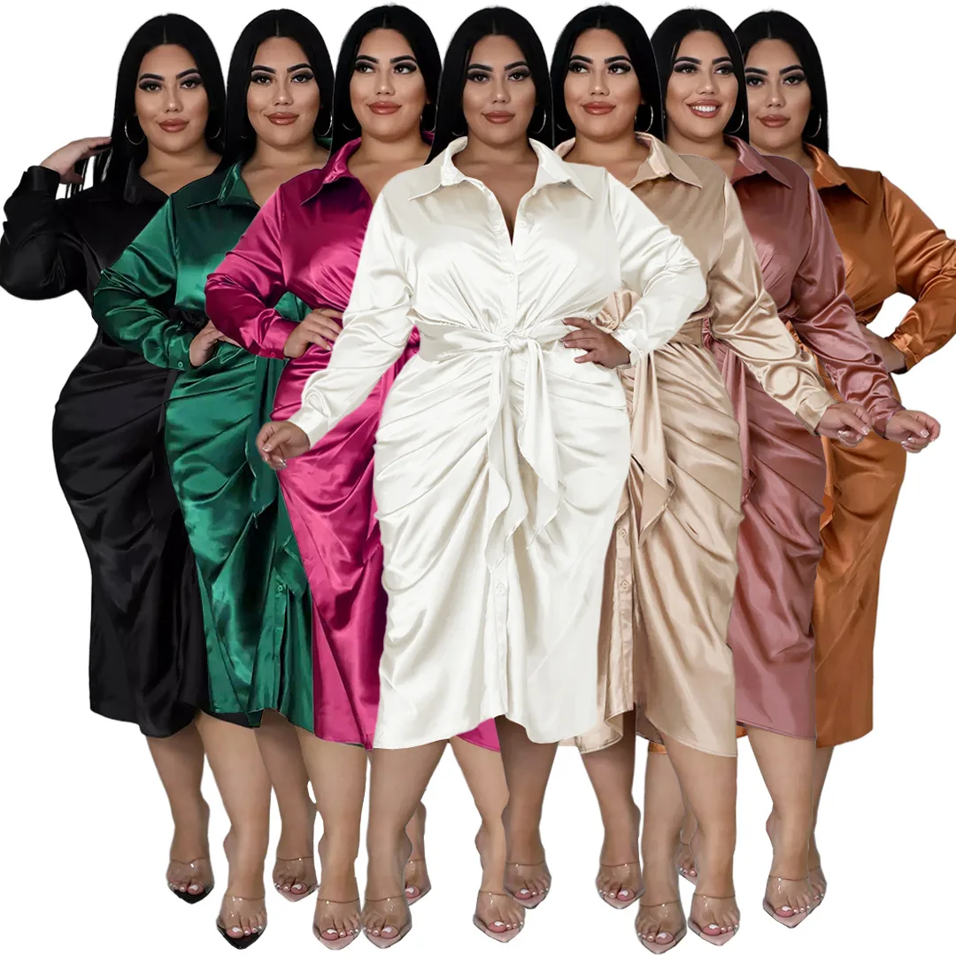 

Solid Satin Shirt Women's Dress Elegant Fashion Office Ladies Turn-Down Collar Long Sleeve Wrinkle Dresses For Women 2023