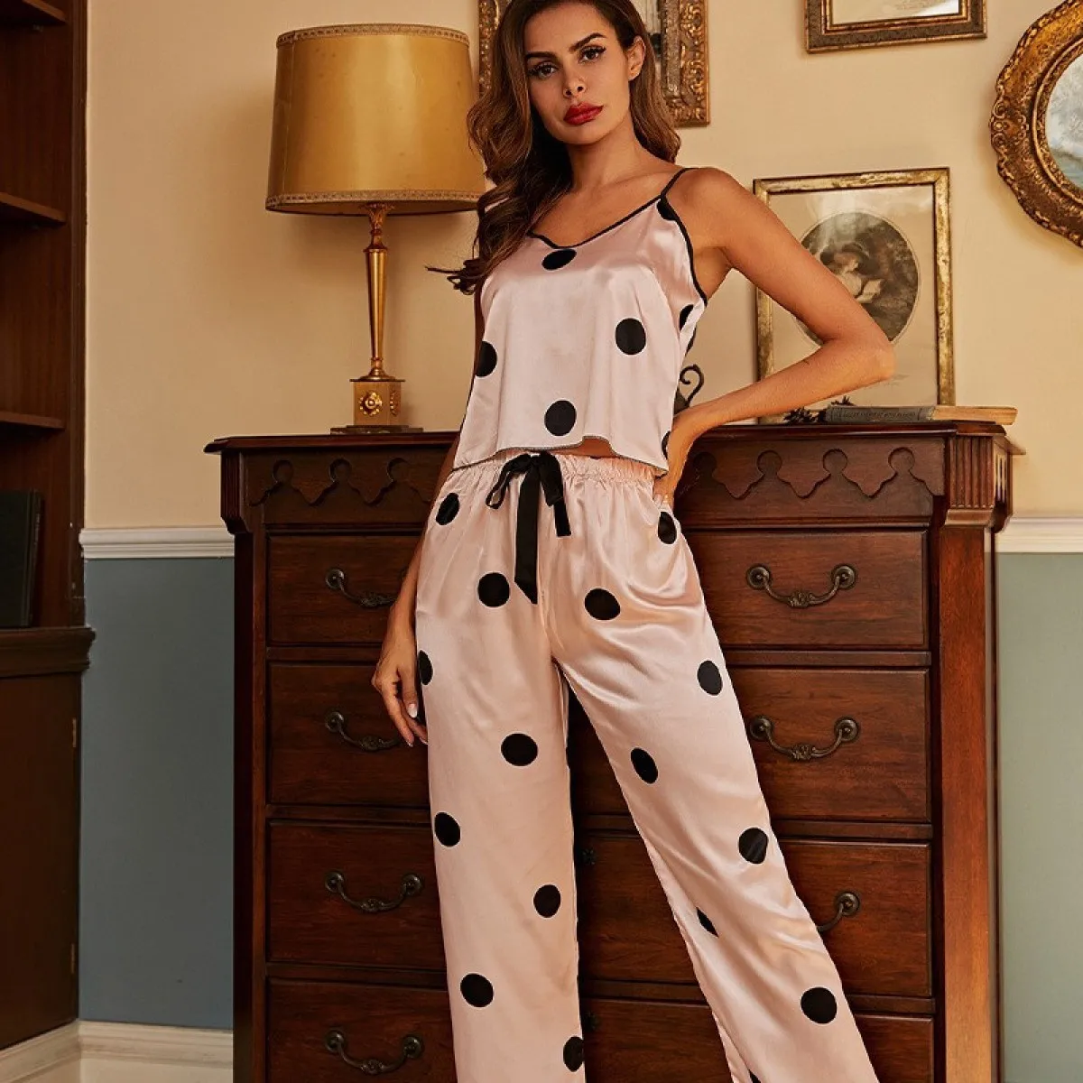

Women Pajamas Sets Polka Dot Pijamas Satin Silk Bow Pyjamas Loungewear Sleepwear Sleeveless Cami Top Pants Suits Pajama Homewear