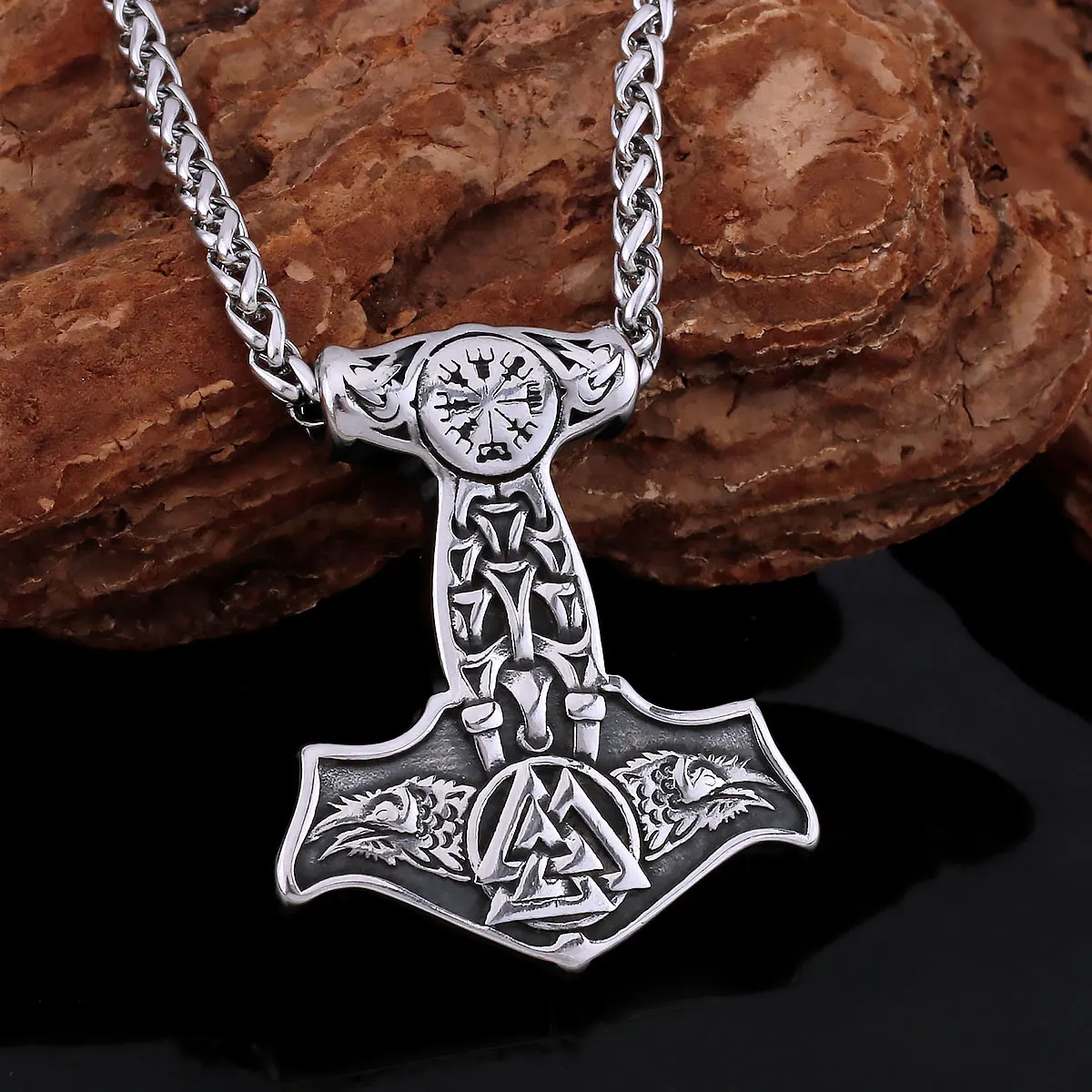 

Hip Hop Creative Wolf Head Thor's Hammer Viking Necklace Nordic Men's Retro Stainless Steel Rune Pendant Jewelry Wholesale