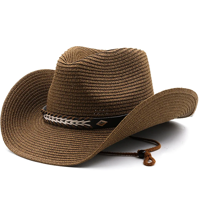 

Hat New Straw Cowboy with Metal Plated Hatband Shapeable Cowgirl Jazz Caps For Dad Summer Western Sombrero Vacation Beach Sunhat