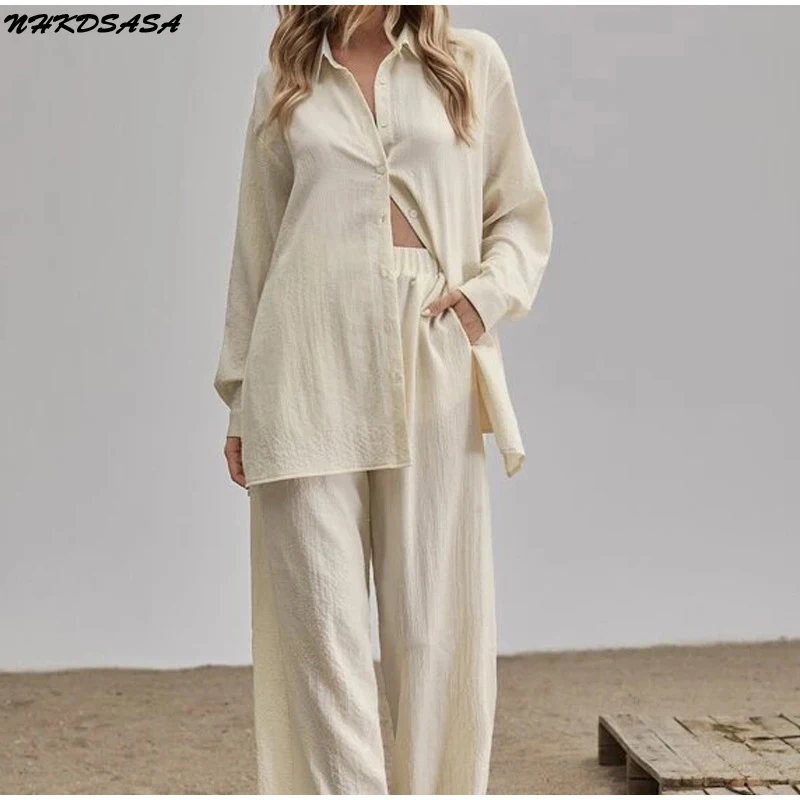 Elegant Pajamas Loose Women Shirt Trouser Suits Long Sleeve Lapel Shirts And Elastic High Wasit Pants 2 Pieces Set Office Outfit
Elegant Pajamas Loose Women Shirt Trouser Suits Long Sleeve Lapel Shirts And Elastic High Wasit Pants 2 Pieces Set Office Outfit