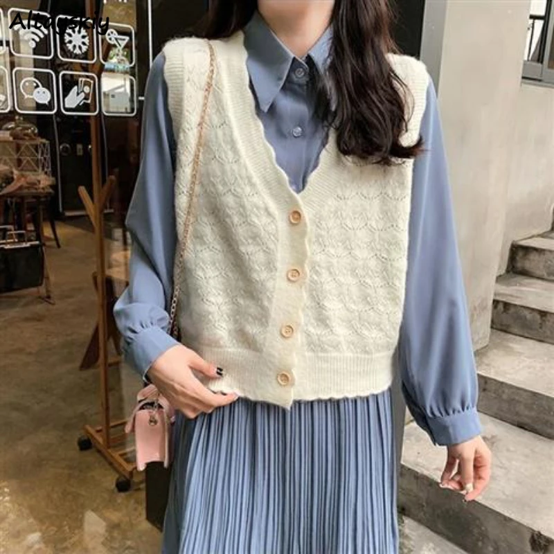 

5 Colors Hollow Out Sweater Vests Women Kawaii V-neck All-match Sleeveless Clothes Elegant Knitwear Tender Female Autumn Ulzzang
