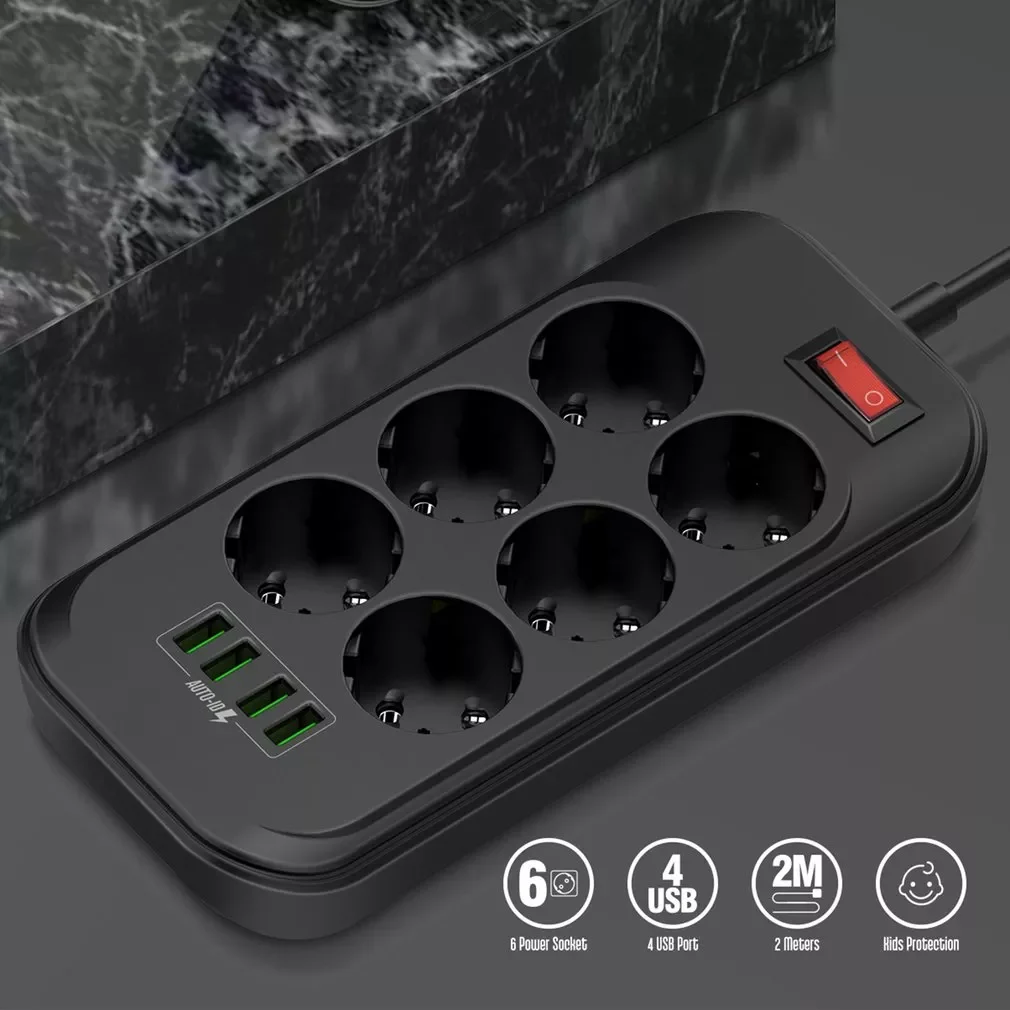 Power Strip, 6 Outlets 4 USB Charging Ports 2500W Power Strip , 2M Extension Cord, for Home, Office, Computer, TV
Power Strip, 6 Outlets 4 USB Charging Ports 2500W Power Strip , 2M Extension Cord, for Home, Office, Computer, TV