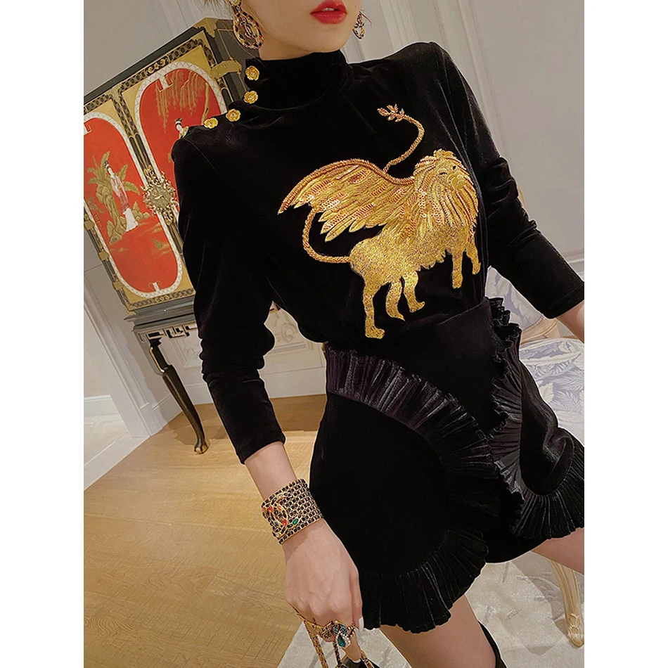 Ailigou Luxury Sequin Embroidered Lion Velvet Turtleneck Top Ladies Long Sleeve T-Shirt Solid Color Winter Velvet Ladies Shirt
Ailigou Luxury Sequin Embroidered Lion Velvet Turtleneck Top Ladies Long Sleeve T-Shirt Solid Color Winter Velvet Ladies Shirt