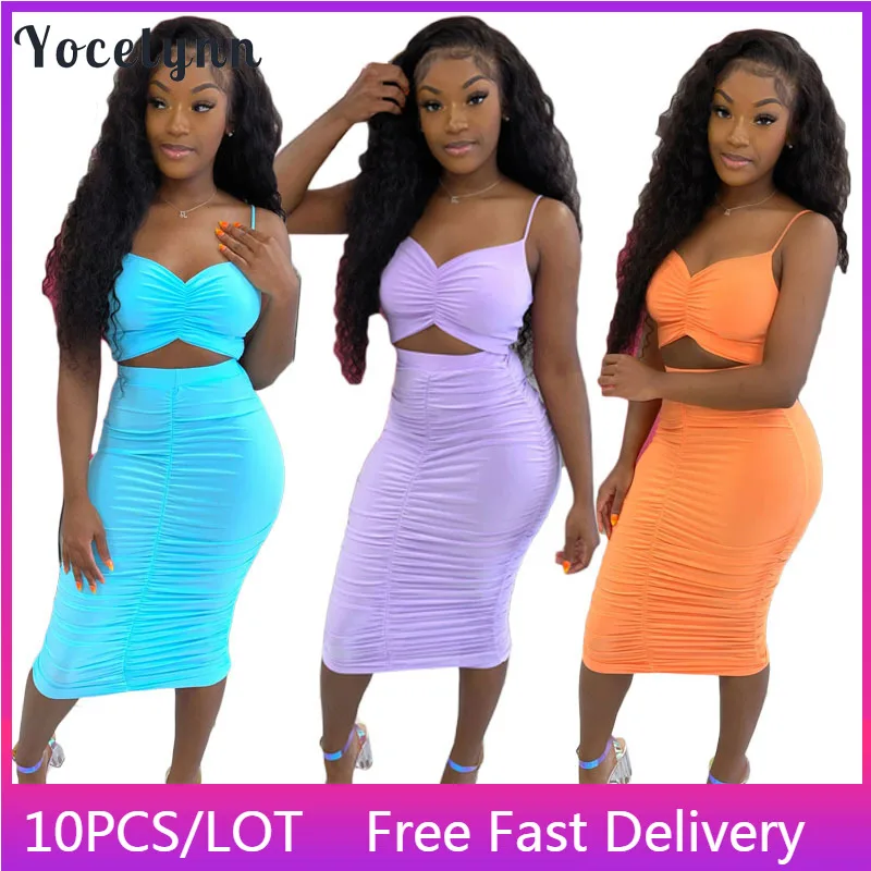 

10PCS Bulk Items Wholesale Lots Summer 2 Piece Sets Women Sleeveless Crop Tops and Ruched Skirts Set Vacation Outfits for Women