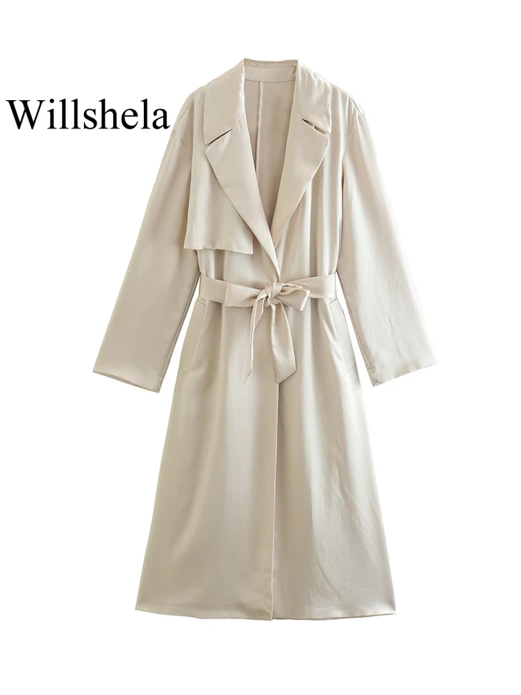 

Willshela Women Fashion With Belt Solid Back Slit Trench Coat Vintage Long Sleeves Notched Neck Windbreaker Female Outfits